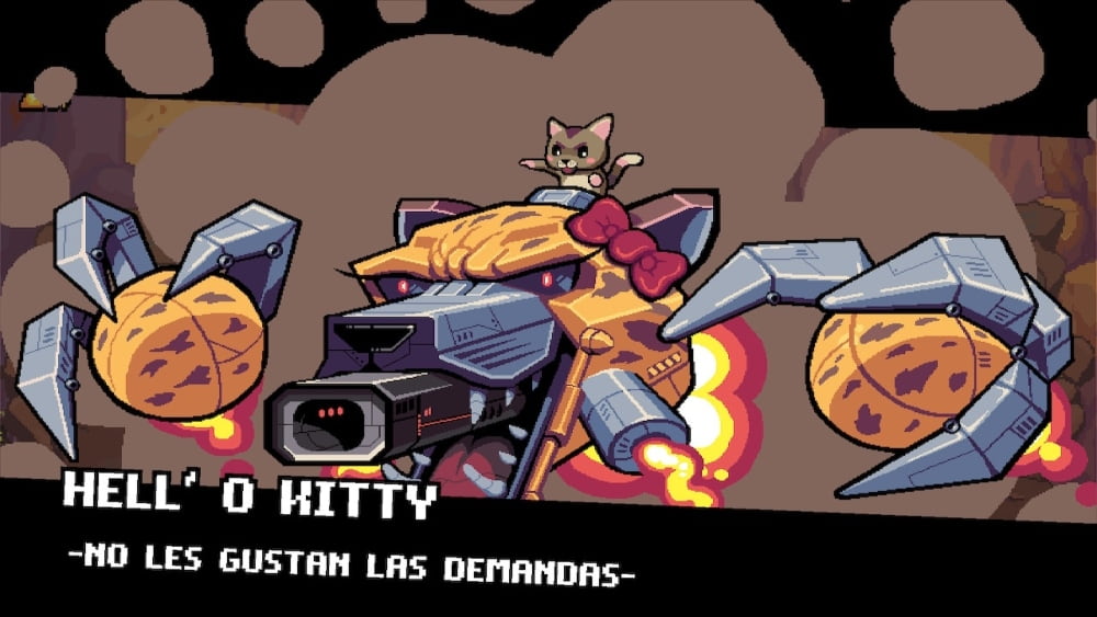Jefe que consiste en un gato que maneja un mecha temible con el nombre "Hell'O Kitty"