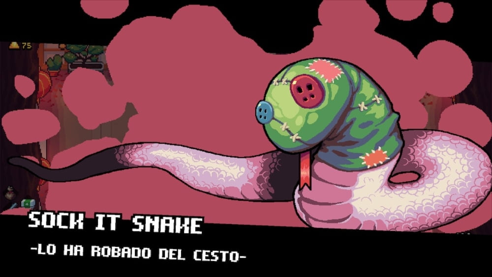Captura de un jefe que consiste en una serpiente con la cabeza tapada con un calcetin zurdido llamada "Sock It Snake" en referencia a la saga MGS
